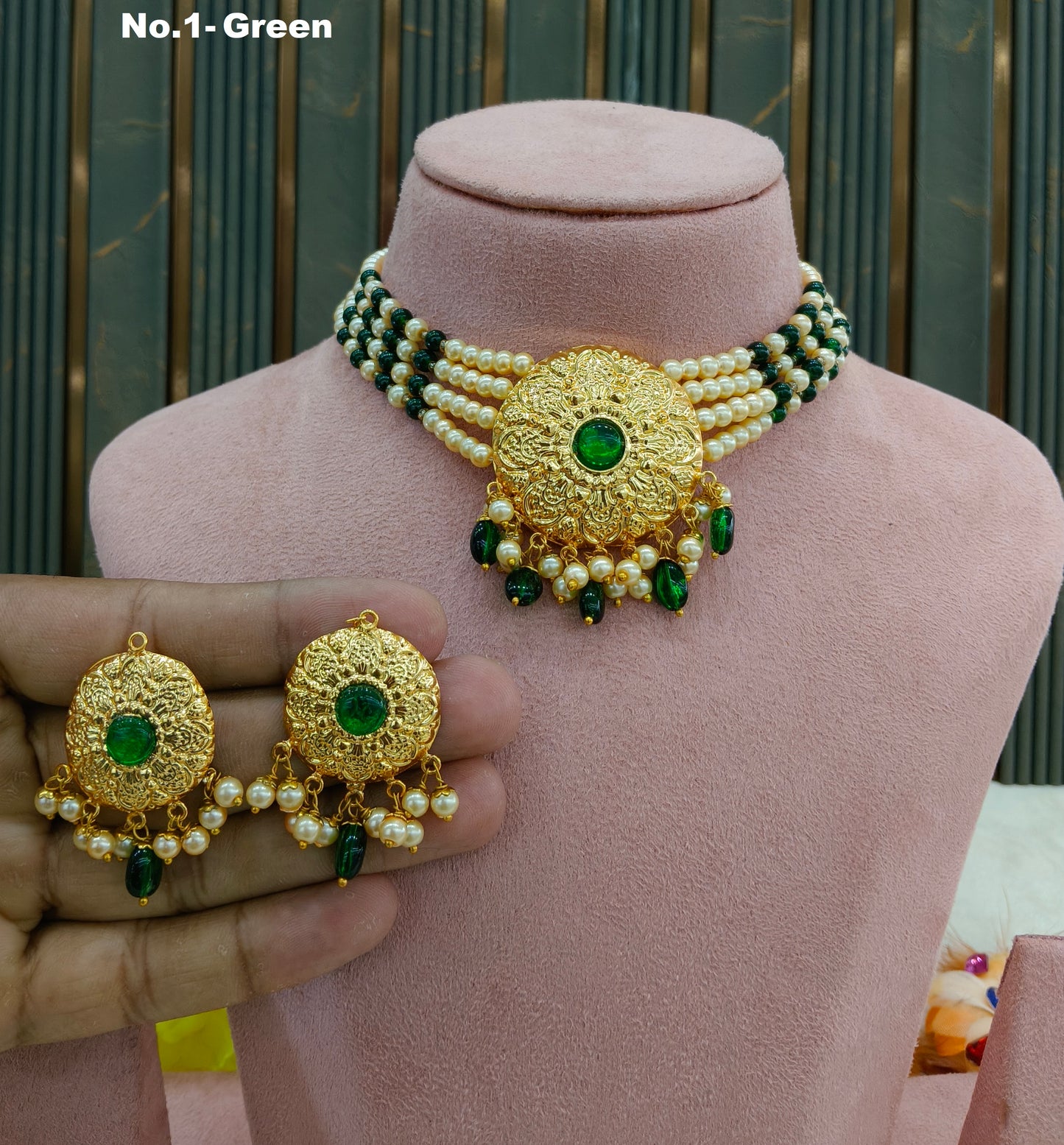 Gold Green Punjabi Choker Jewellery Jerry Set