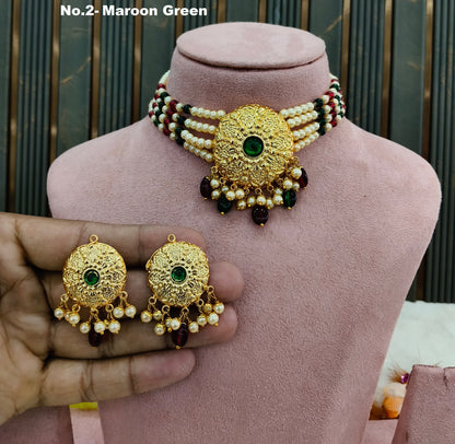 Gold Green Maroon Punjabi Choker Jewellery Jerry Set