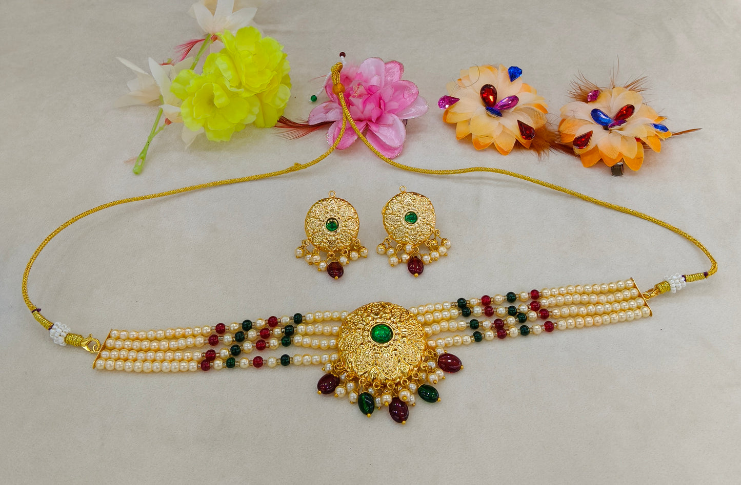 Gold Green Maroon Punjabi Choker Jewellery Jerry Set