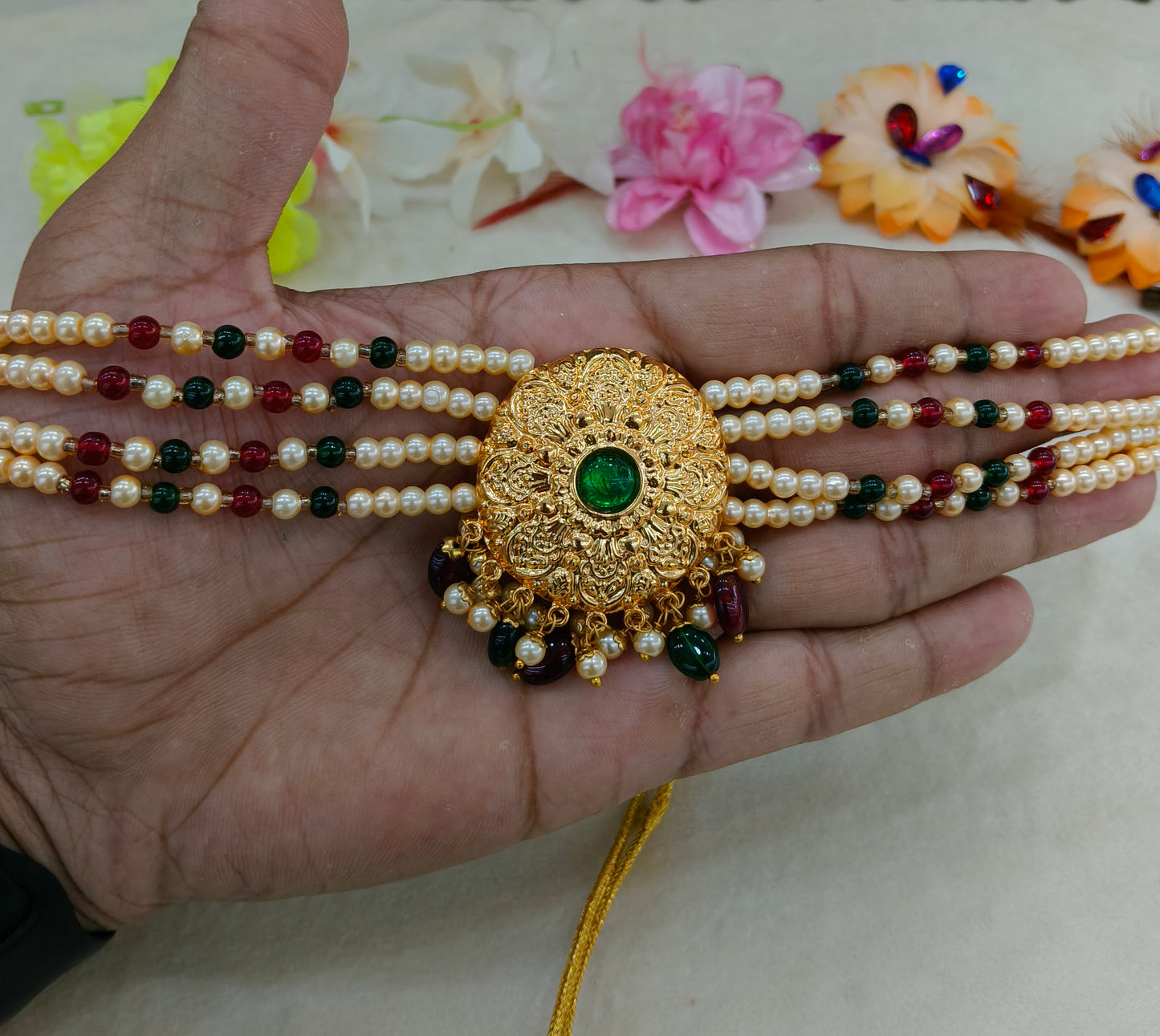 Gold Green Maroon Punjabi Choker Jewellery Jerry Set