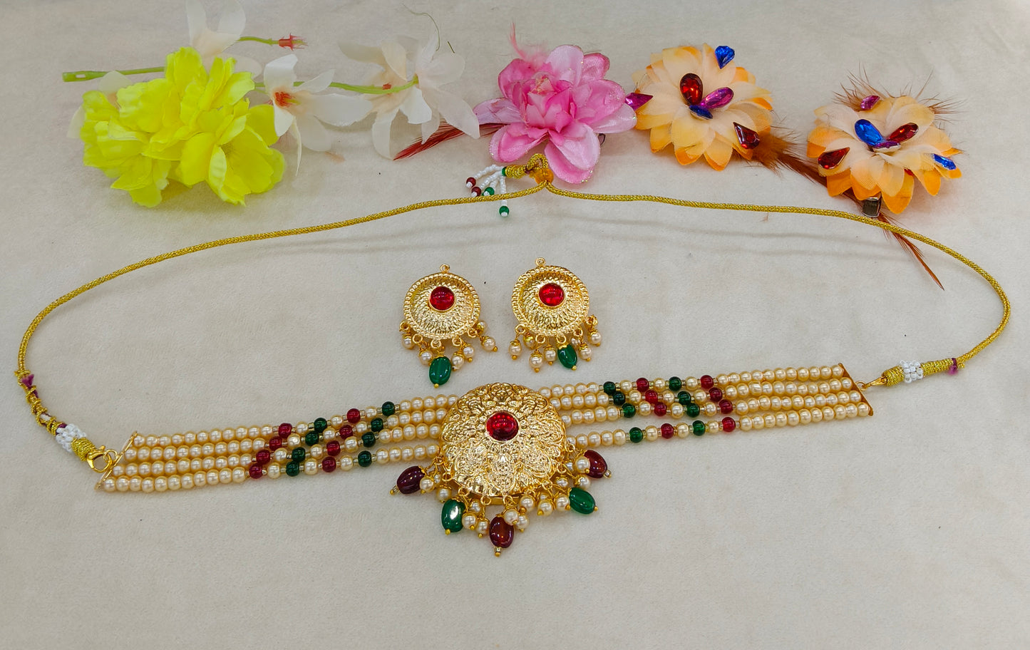 Gold Maroon Green Punjabi Choker Jewellery Jerry Set
