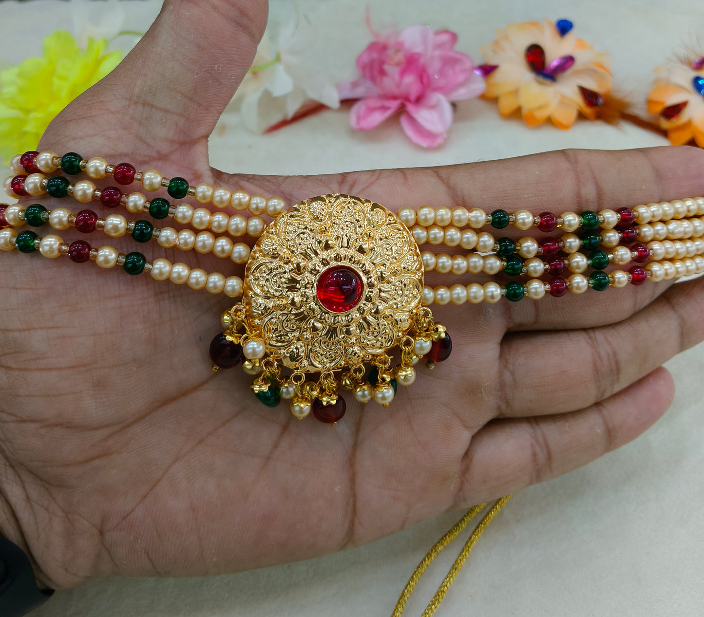 Gold Maroon Green Punjabi Choker Jewellery Jerry Set