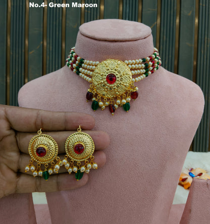 Gold Maroon Green Punjabi Choker Jewellery Jerry Set
