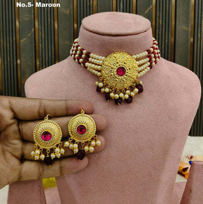 Gold Maroon Punjabi Choker Jewellery Jerry Set