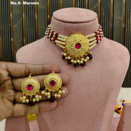 Gold Maroon Punjabi Choker Jewellery Jerry Set