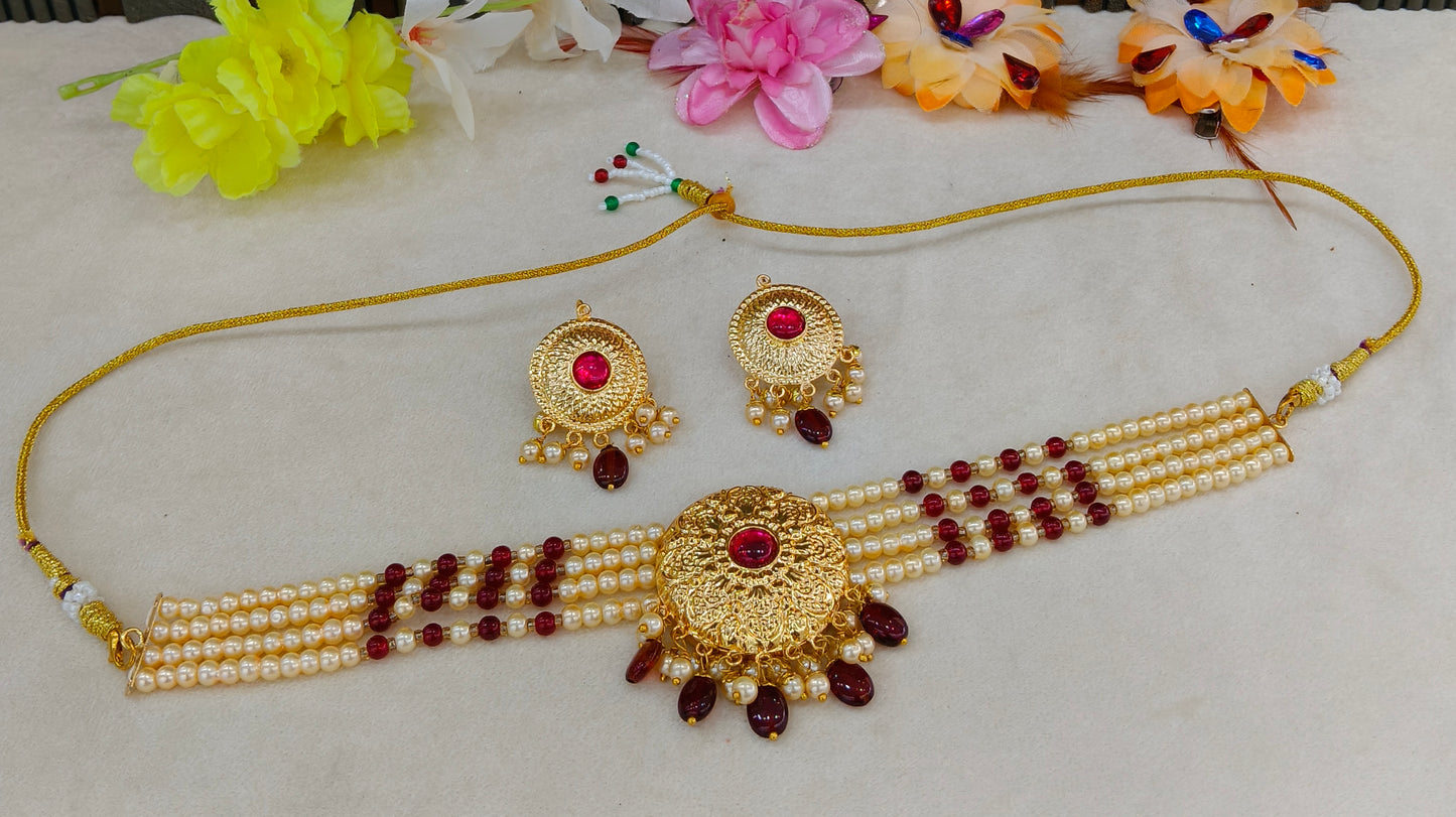 Gold Maroon Punjabi Choker Jewellery Jerry Set