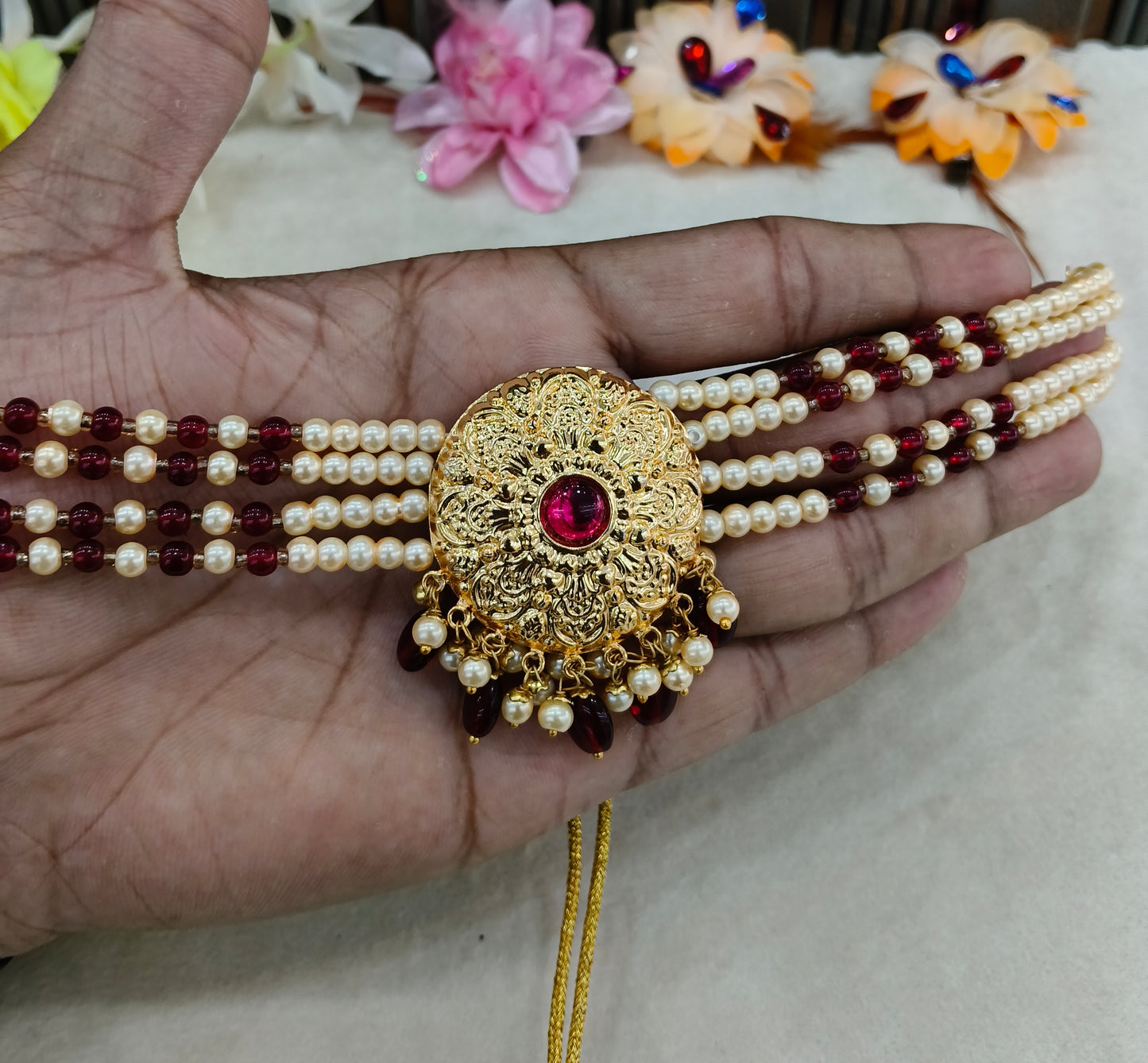 Gold Maroon Punjabi Choker Jewellery Jerry Set