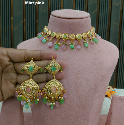 Gold Mint Pink Punjabi Necklace Jewellery Tom Sets