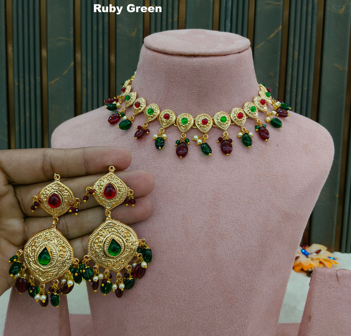 Gold Maroon Green Punjabi Necklace Jewellery Tom Sets