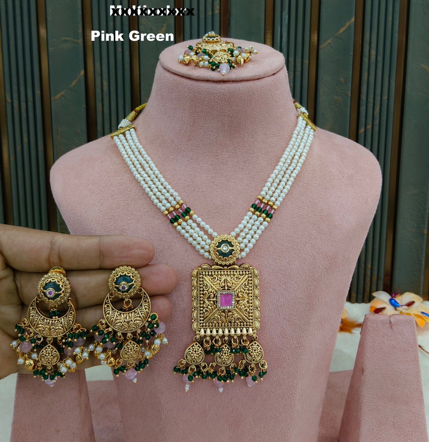 Gold Pink Green Punjabi Necklace Jewellery Erra Sets