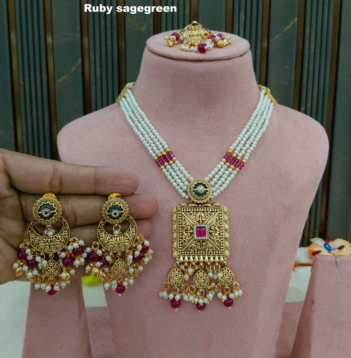 Gold Ruby Sage Green Punjabi Necklace Jewellery Erra Sets