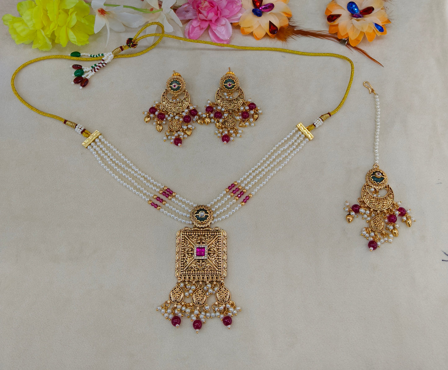 Gold Ruby Sage Green Punjabi Necklace Jewellery Erra Sets