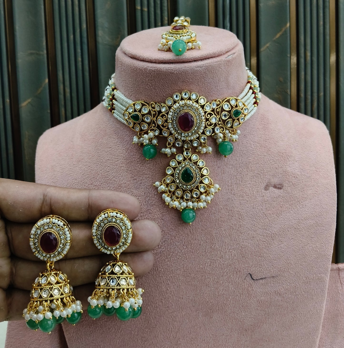 Ruby Sage Green Kundan Choker Jewellery Farhat Set