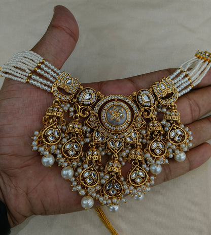 Gold White Kundan necklace Set/ kundan Indian Ravia jewellery sets