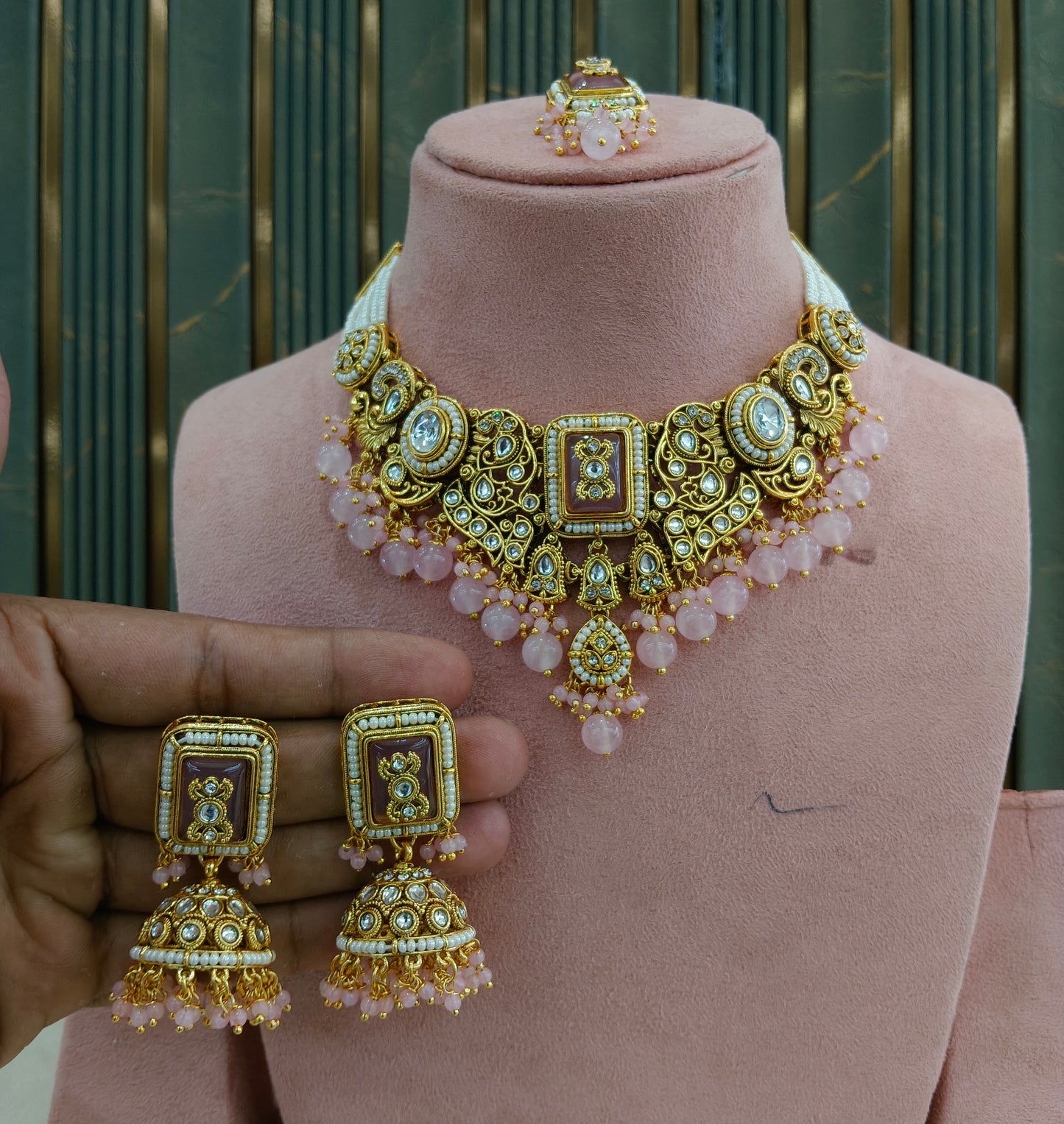 Gold Pink Kundan necklace Set/ kundan Gurmeet jewellery sets