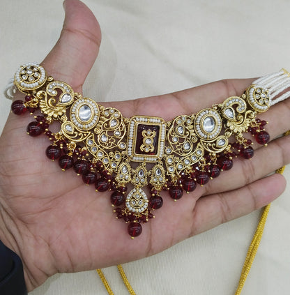 Gold Maroon Kundan necklace Set/ kundan Gurmeet jewellery sets