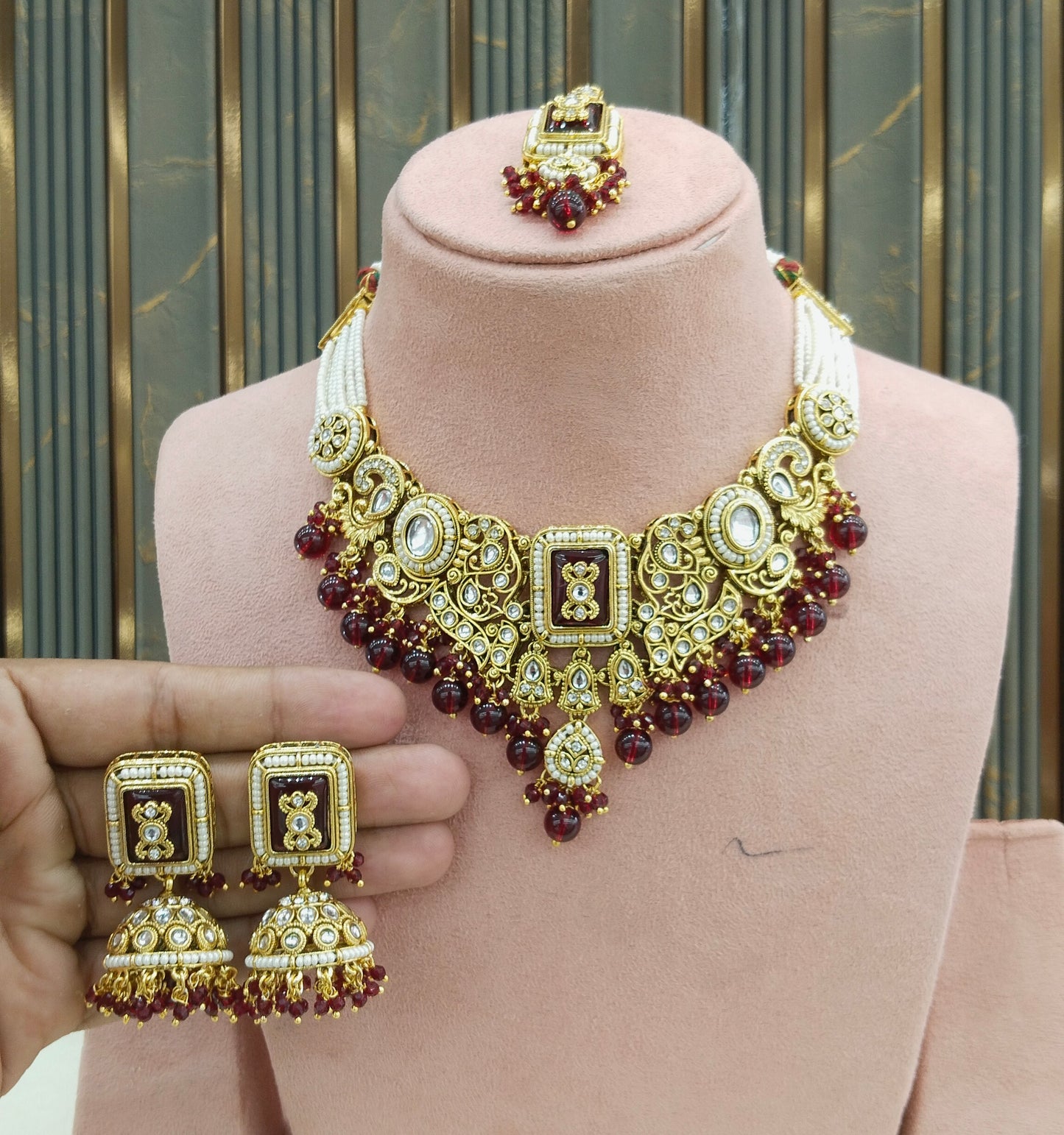 Gold Maroon Kundan necklace Set/ kundan Gurmeet jewellery sets