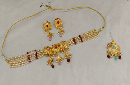 Ruby Pink Gold Jadau Punjabi Style Choker Jewellery Jack Set