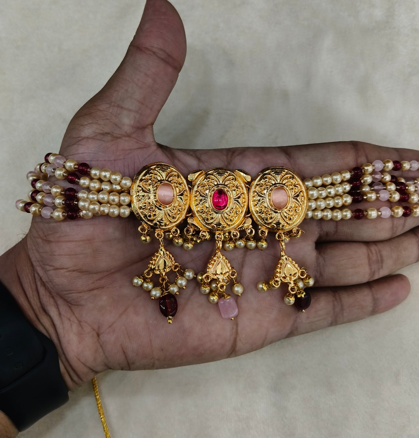 Ruby Pink Gold Jadau Punjabi Style Choker Jewellery Jack Set