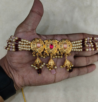 Ruby Pink Gold Jadau Punjabi Style Choker Jewellery Jack Set