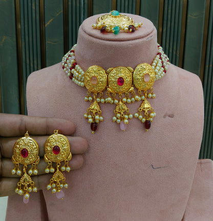 Ruby Pink Gold Jadau Punjabi Style Choker Jewellery Jack Set