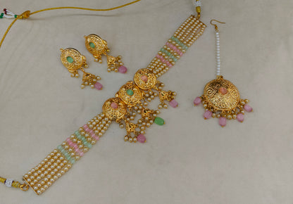 Mint Pink Gold Jadau Punjabi Style Choker Jewellery Jack Set