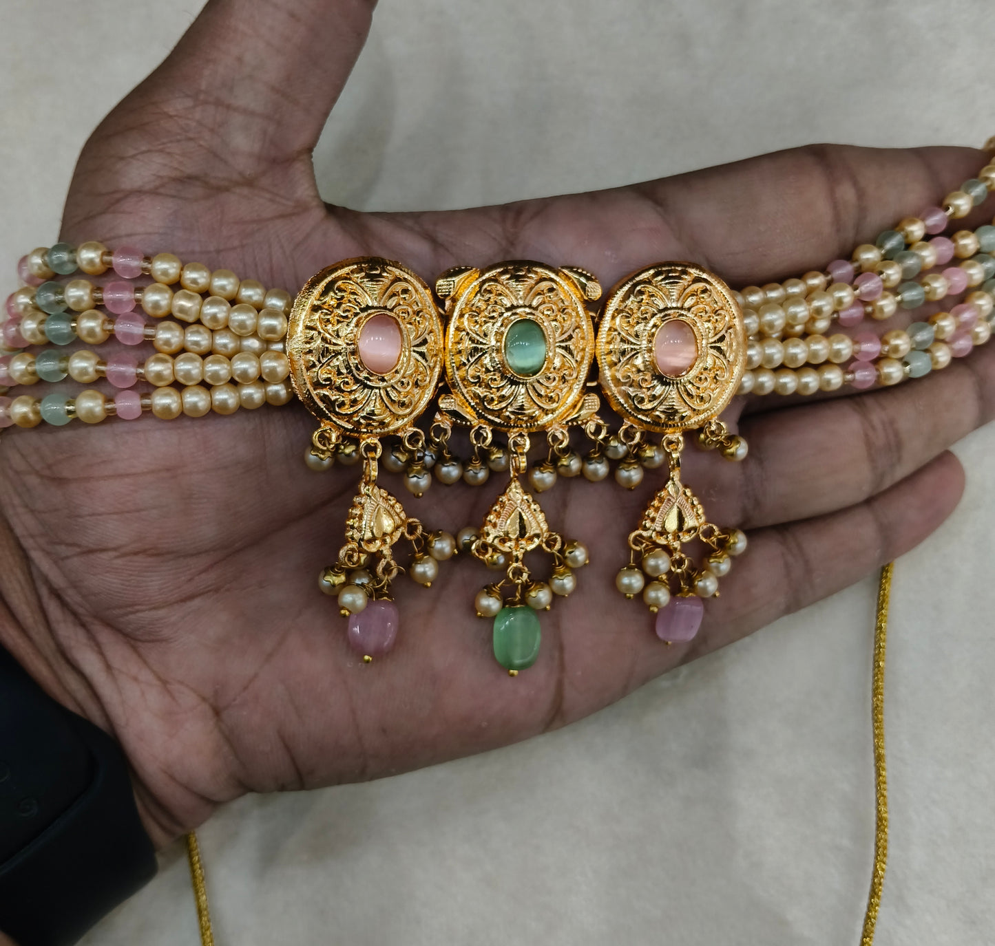 Mint Pink Gold Jadau Punjabi Style Choker Jewellery Jack Set