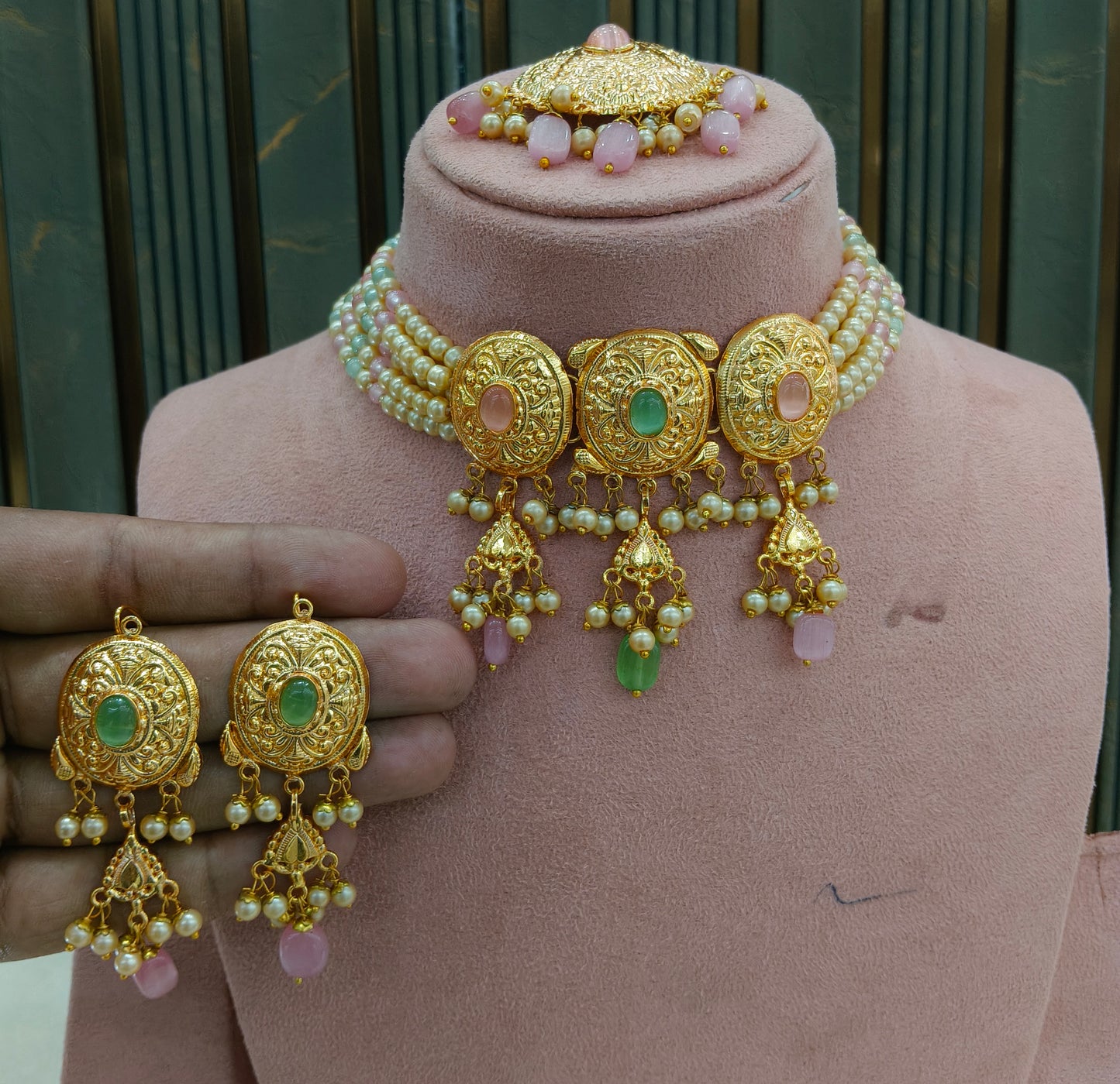 Mint Pink Gold Jadau Punjabi Style Choker Jewellery Jack Set
