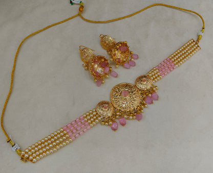 Pink Gold Jadau Punjabi Style Choker Jewellery Jack Set
