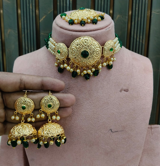 Green Gold Jadau Punjabi Style Choker Jewellery Jack Set