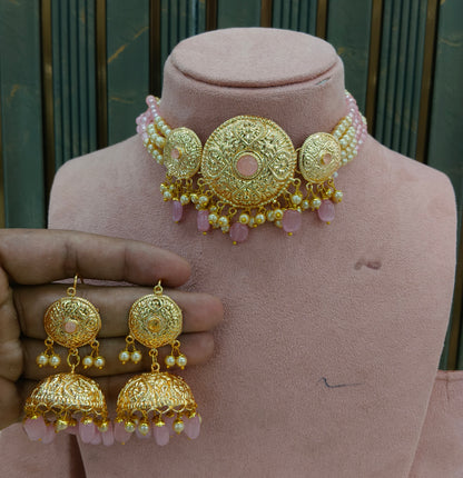 Pink Gold Jadau Punjabi Style Choker Jewellery Jack Set