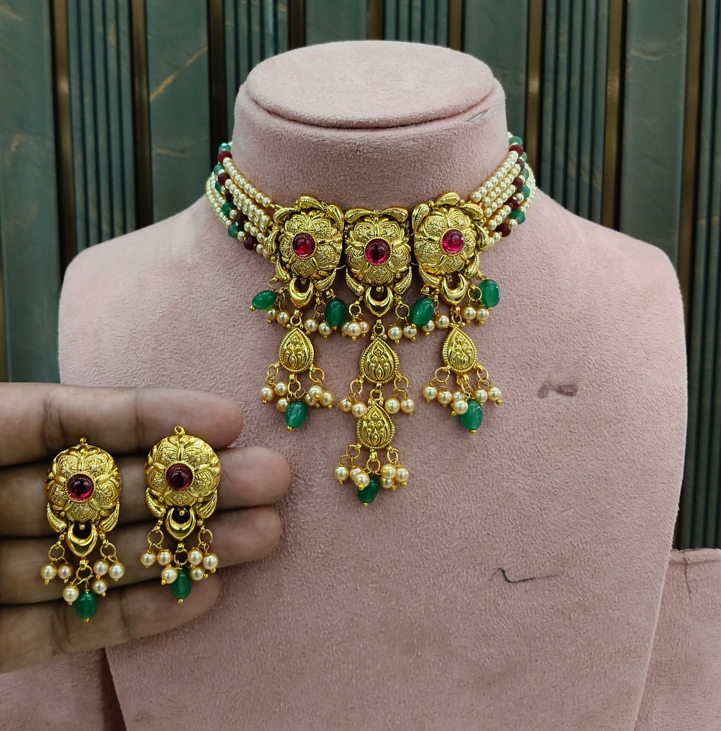 Ruby Sage Green Gold Jadau Punjabi Style Choker Jewellery Smith Set