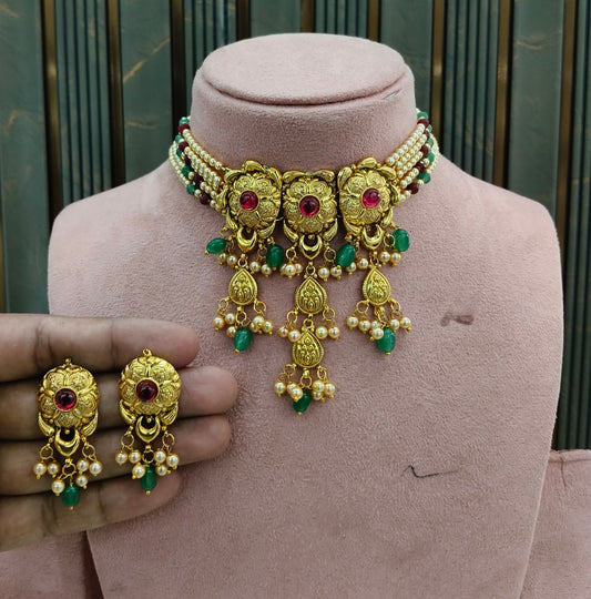 Ruby Sage Green Gold Jadau Punjabi Style Choker Jewellery Smith Set