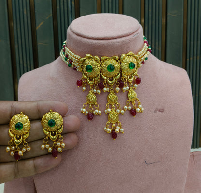Ruby Green Gold Jadau Punjabi Style Choker Jewellery Smith Set