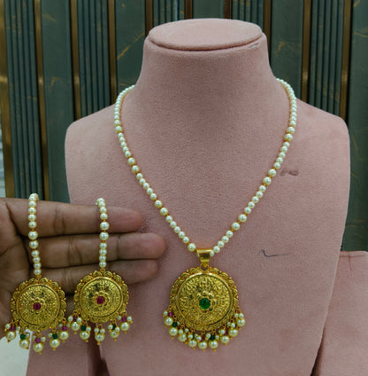 Gold Green Ruby Jadau Punjabi Style Pendant Mehak Necklace Set