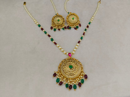 Gold Ruby Green Jadau Punjabi Style Pendant Mehak Necklace Set