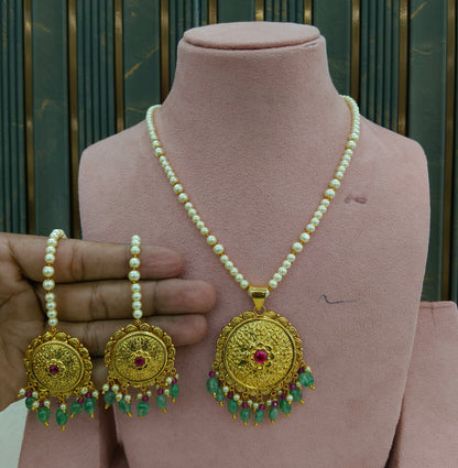 Gold Ruby Sage Green Jadau Punjabi Style Pendant Mehak Necklace Set