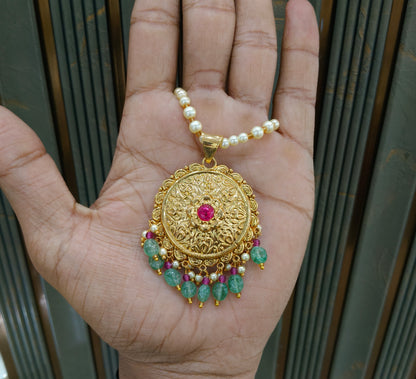 Gold Ruby Sage Green Jadau Punjabi Style Pendant Mehak Necklace Set