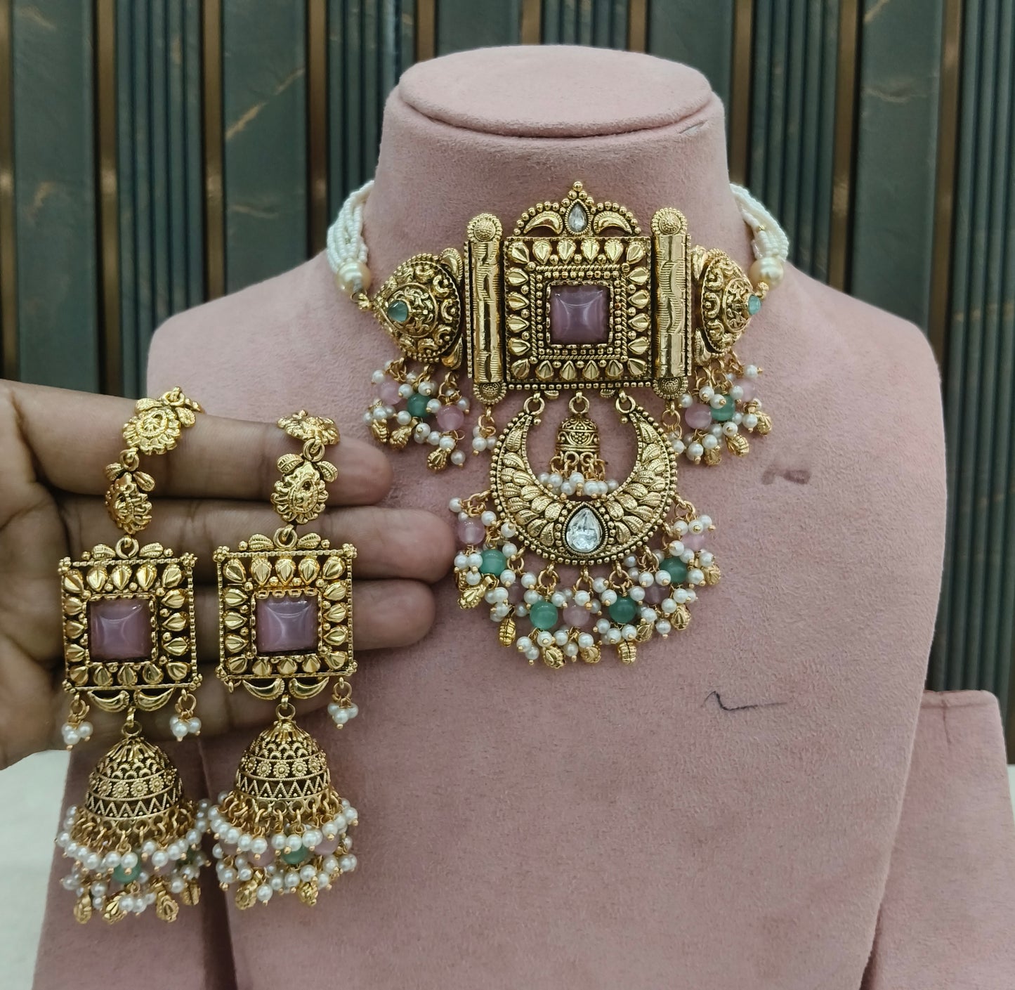 Goldi Mint Pink Choker Jewellery Addison Set
