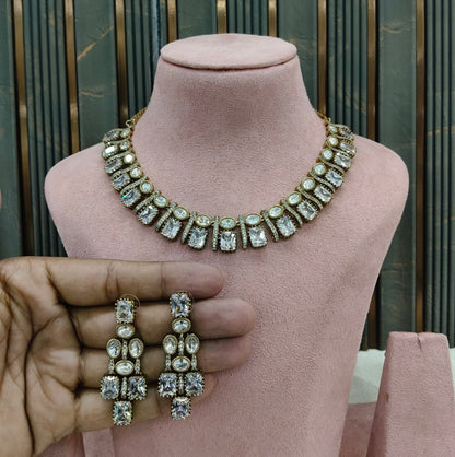 White Moissanite Kundan Necklace Jewellery Nimy Set