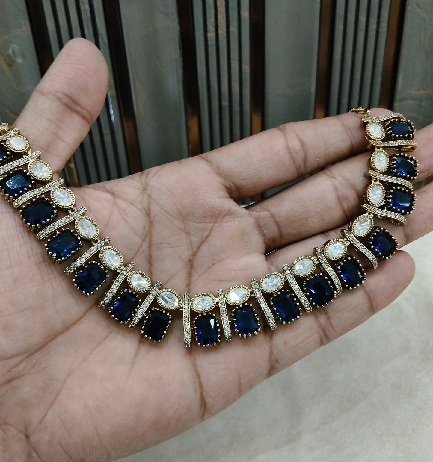 Blue Moissanite Kundan Necklace Jewellery Nimy Set