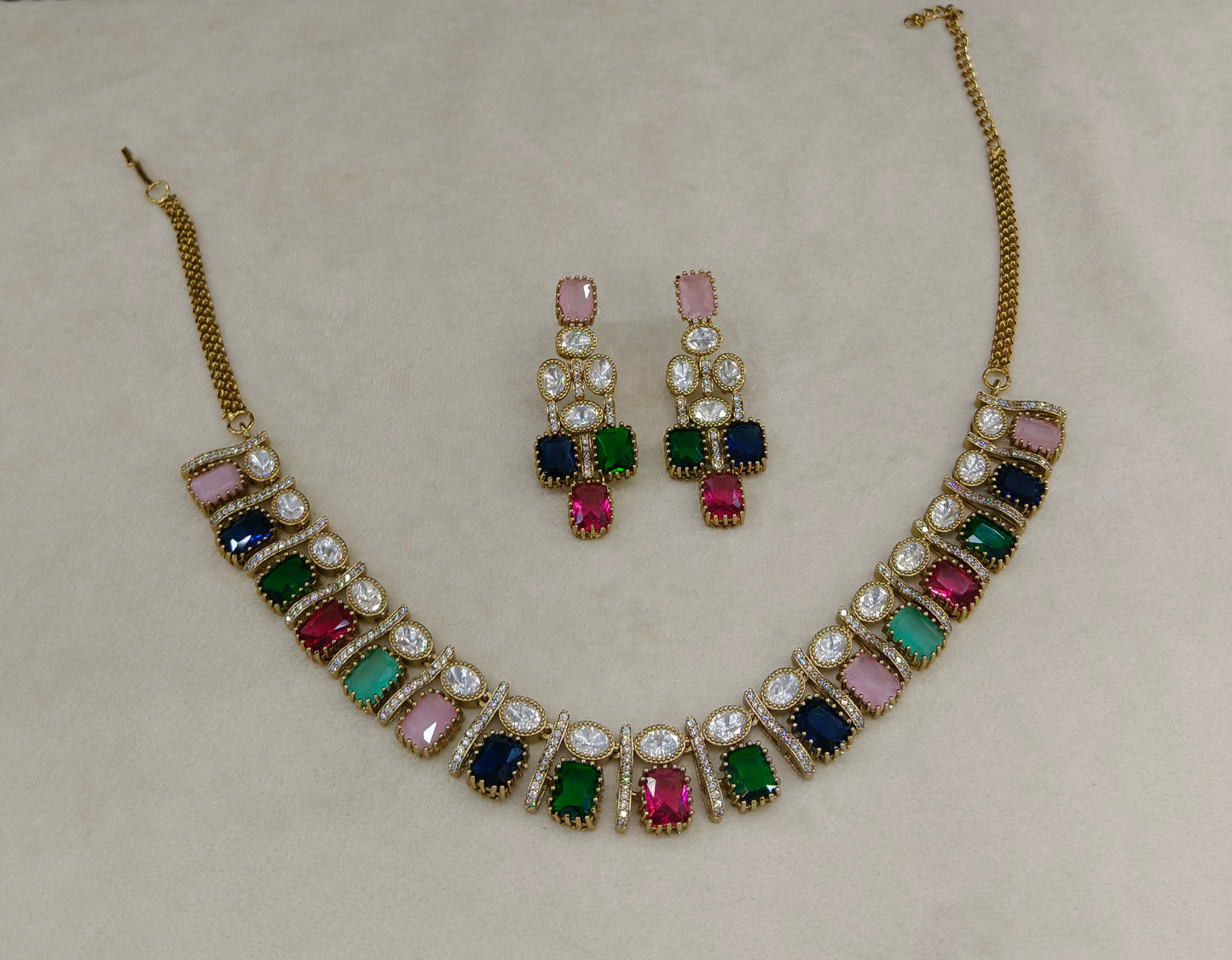 Multi Color Moissanite Kundan Necklace Jewellery Nimy Set