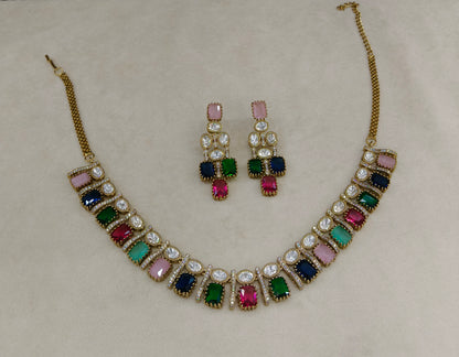 Multi Color Moissanite Kundan Necklace Jewellery Nimy Set