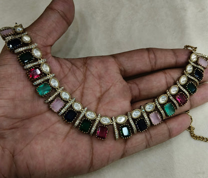 Multi Color Moissanite Kundan Necklace Jewellery Nimy Set