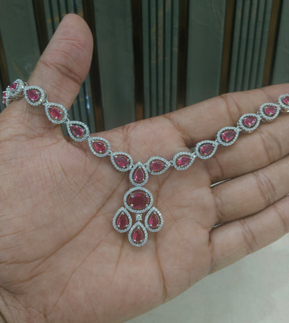 Silver Ruby American Diamond Ad Necklace Nicki Sets