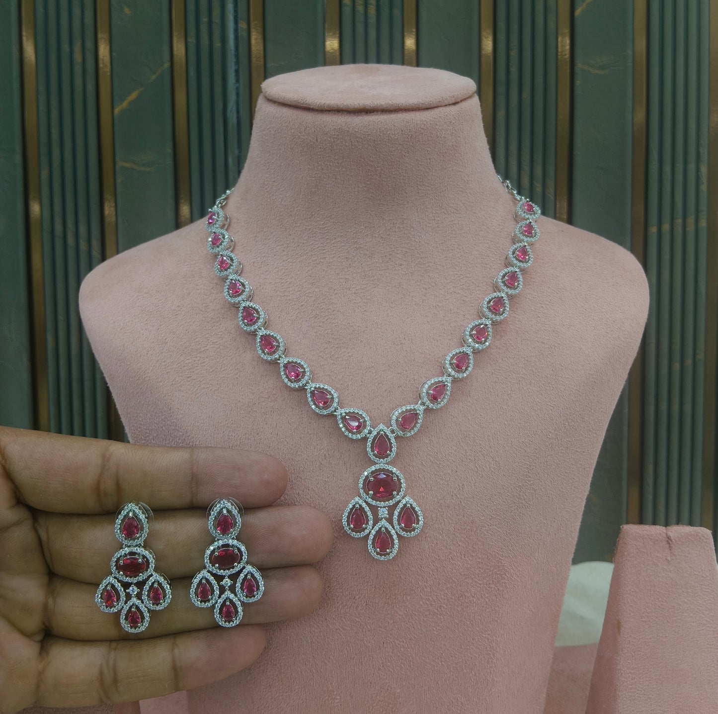 Silver Ruby American Diamond Ad Necklace Nicki Sets