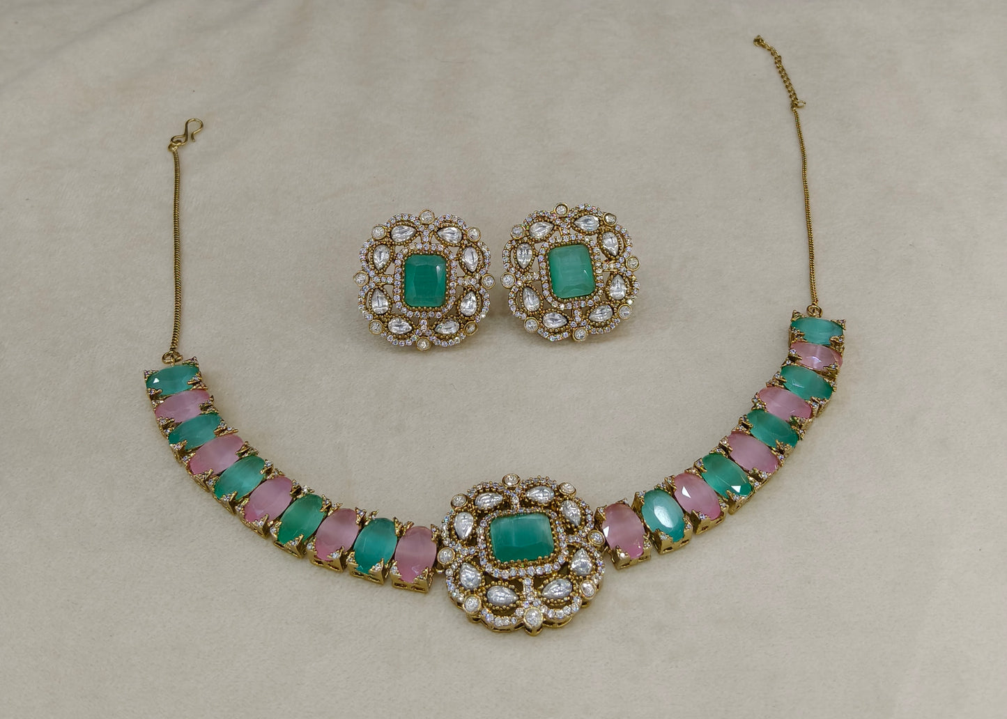 Mint Pink Moissanite Kundan Necklace Jewellery Soma Set