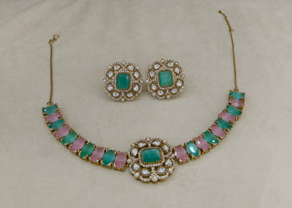 Mint Pink Moissanite Kundan Necklace Jewellery Soma Set