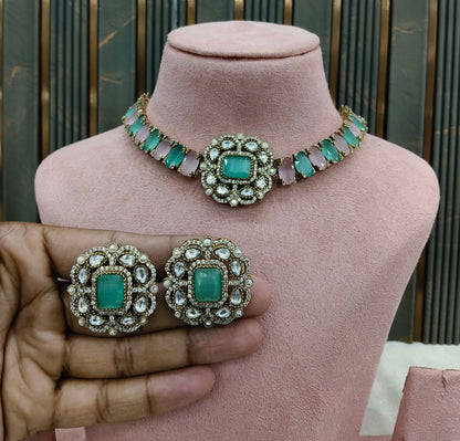 Mint Pink Moissanite Kundan Necklace Jewellery Soma Set