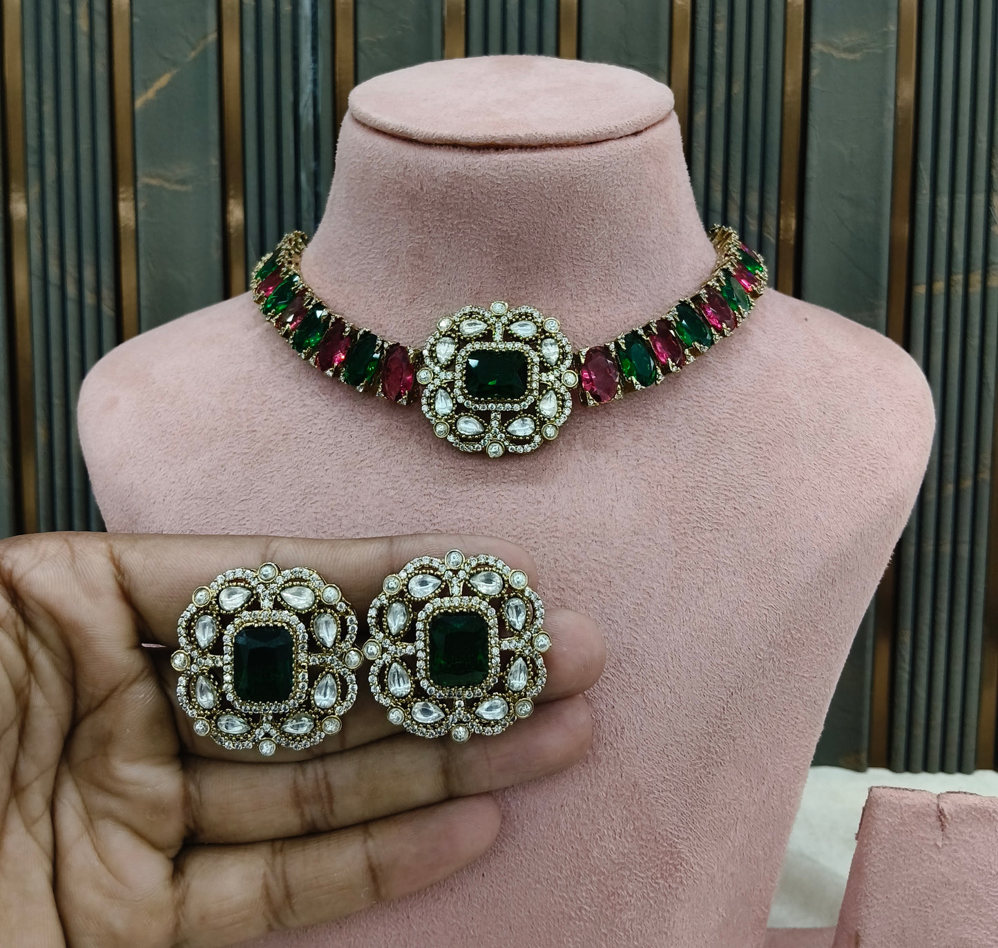 Ruby Green Moissanite Kundan Necklace Jewellery Soma Set